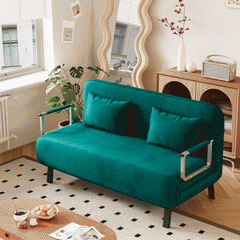 velvet Antique Green 55″ Convertible Chair Bed, Tri-Fold Sofa Bed with Adjustable Backrest & Pillow, Leisure Chaise Lounge Couch with Sturdy Steel Frame for Home & Office, Comfortable Sleeper Chair