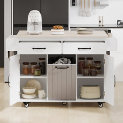 K&K Kitchen Island with Trash Can Storage, Spice Rack & Drawer, White