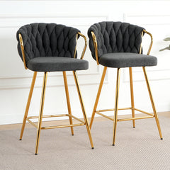 Modern Design High Stool with Gold Plated Legs & Dark Gray Linen for Cafe, Bar, Restaurant (Set of 2)