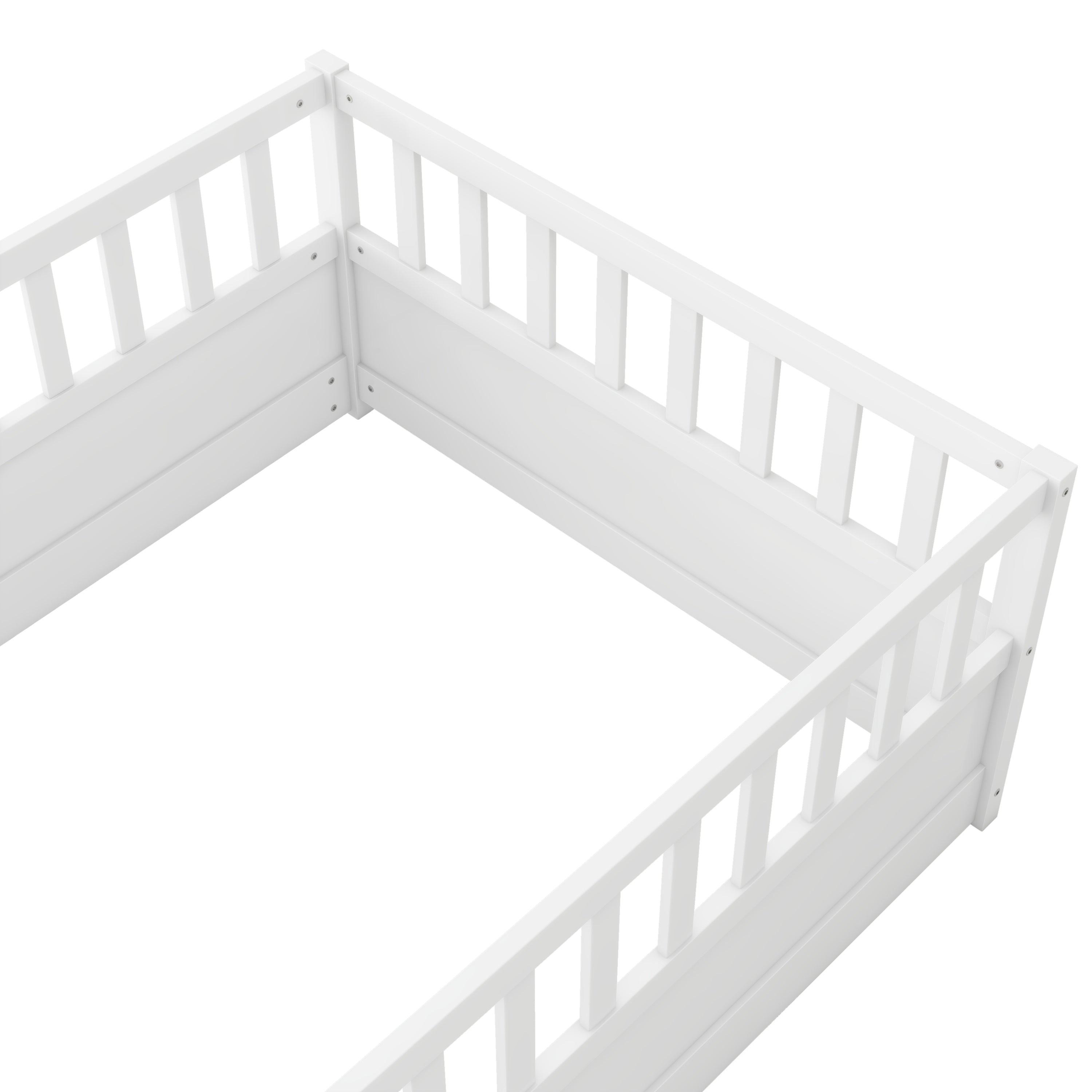 Twin Size Floor bed, integral construction with super high security barrier, door, children's floor bed frame, Montessori wooden children's floor bed, white Twin Size Floor bed, integral construction with super high security barrier, door, children's floor bed frame, Montessori wooden children's floor bed, white