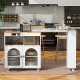 K&K Rolling Kitchen Island with Extended Table, LED Lights & Storage, White