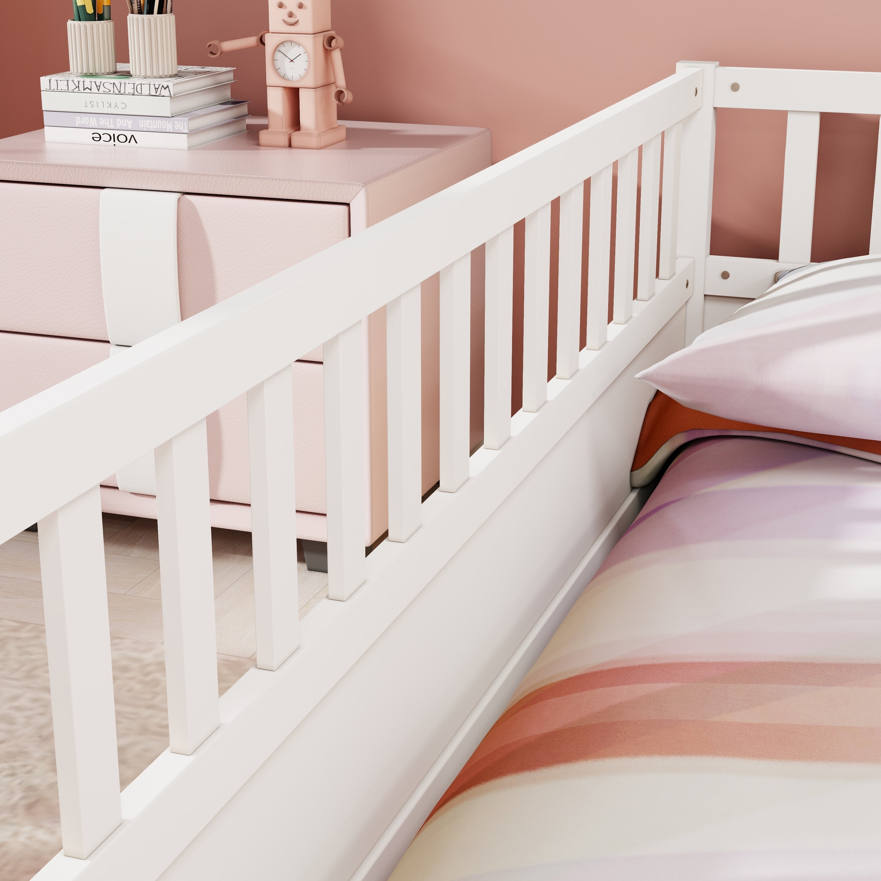 Full size  Floor bed, integral construction with super high security barrier, door, children's floor bed frame, Montessori wooden children's floor bed, white Full size  Floor bed, integral construction with super high security barrier, door, children's floor bed frame, Montessori wooden children's floor bed, white