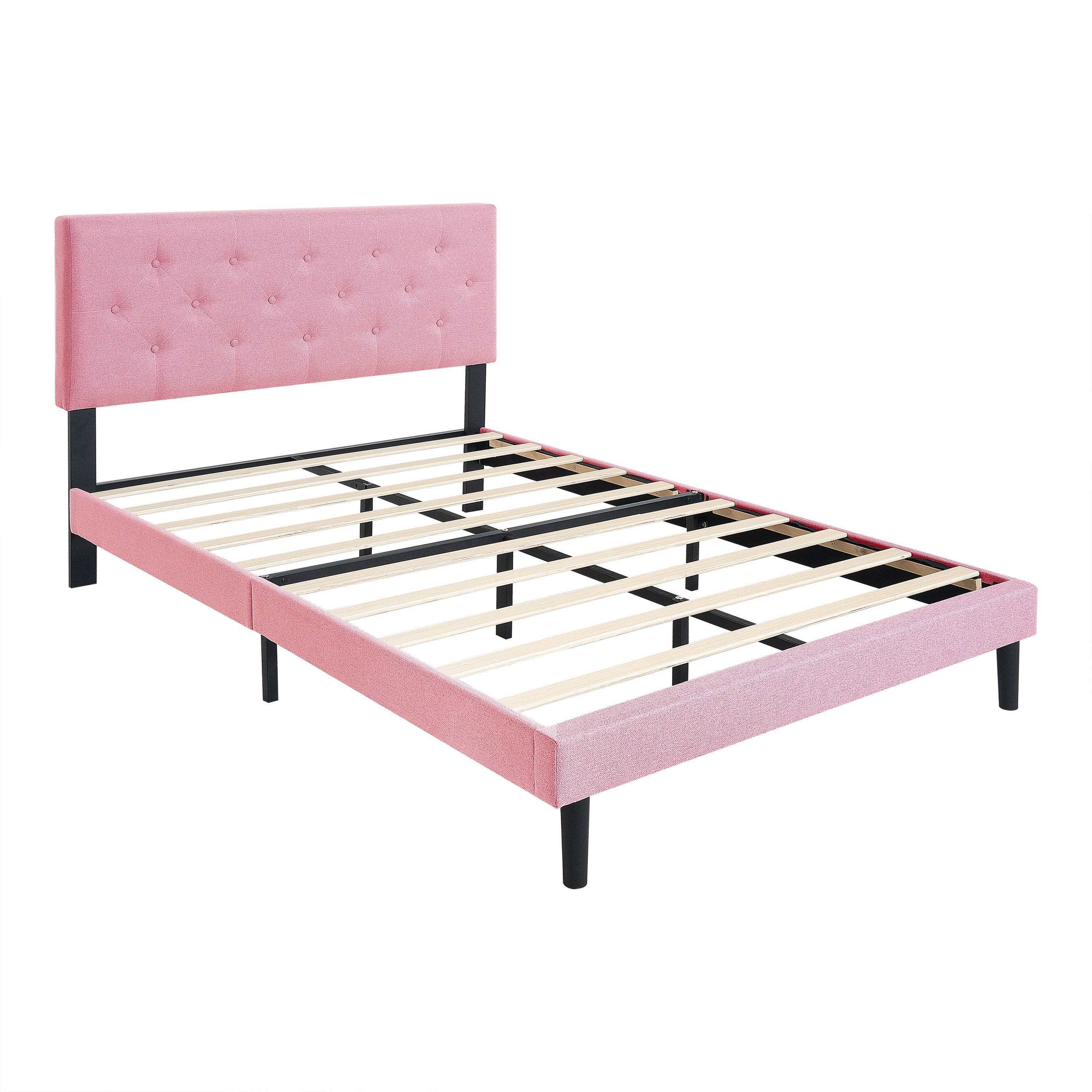 Full Size Upholstered Platform Bed Frame with Modern Button Tufted Linen Fabric Headboard, No Box Spring Needed, Wood Slat Support, Easy Assembly, pink Full Size Upholstered Platform Bed Frame with Modern Button Tufted Linen Fabric Headboard, No Box Spring Needed, Wood Slat Support, Easy Assembly, pink