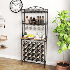 Industrial Wine Rack Table, 3-Tier Liquor Storage with Shelves