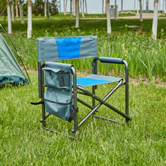 Padded Folding Oversized Directors Chair with Storage Pockets for Camping, Blue/Grey