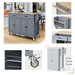 Kitchen Island Cart with Solid Wood Top & Locking Wheels, 4 Doors, Grey Blue