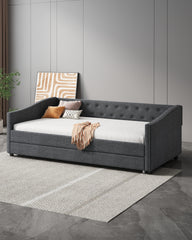 Twin Size Daybed with Twin Size Trundle Upholstered Tufted Sofa Bed, with Button on Back and Copper Nail on Waved Shape Arms-Dark Grey