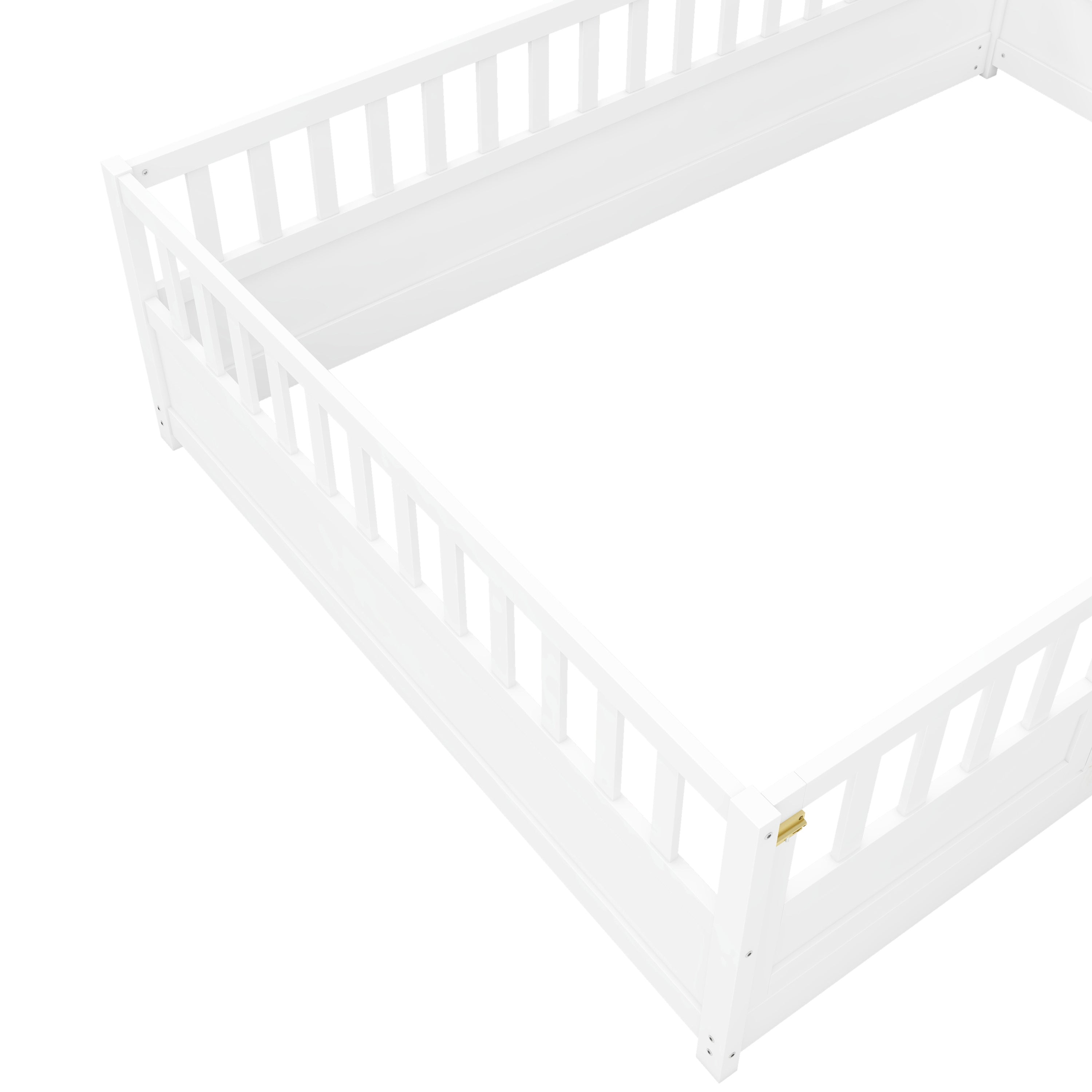 Full size  Floor bed, integral construction with super high security barrier, door, children's floor bed frame, Montessori wooden children's floor bed, white Full size  Floor bed, integral construction with super high security barrier, door, children's floor bed frame, Montessori wooden children's floor bed, white