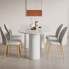 Modern Oval Metal Dining Table in White with Marble Top & 3 Metal Legs for 6 msf-772qr
