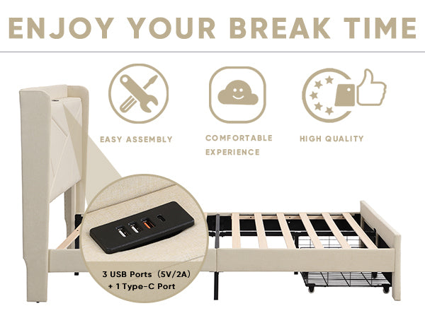 Full Upholstered Bed Frame with Storage Drawers & USB, Beige Full Upholstered Bed Frame with Storage Drawers & USB, Beige