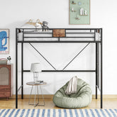 Metal Twin Loft Bed Frame with Stairs & Guardrail - Black
