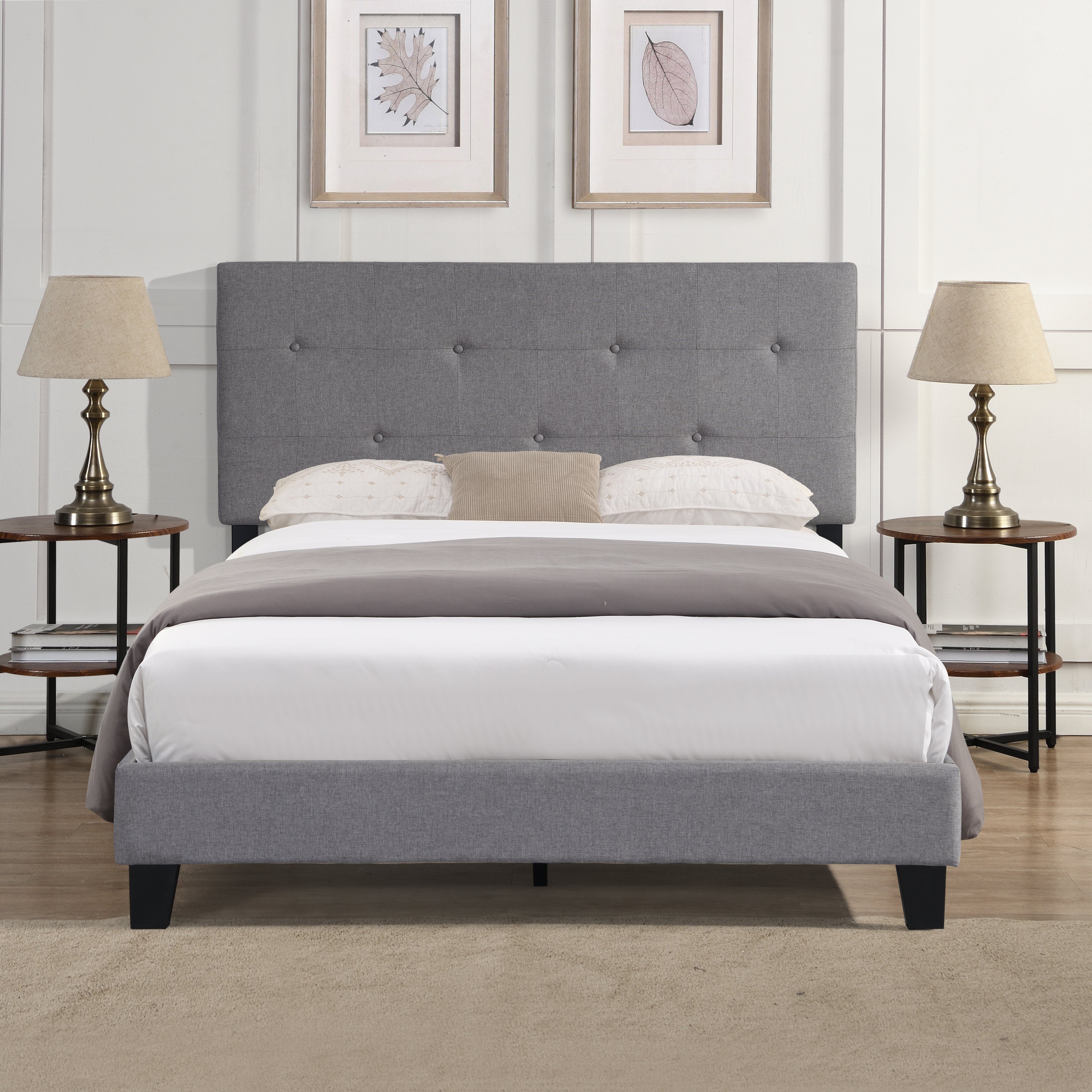 Full Size Upholstered Platform Bed Frame with Modern Button Tufted Linen Fabric Headboard, No Box Spring Needed, Wood Slat Support, Easy Assembly,  Grey Full Size Upholstered Platform Bed Frame with Modern Button Tufted Linen Fabric Headboard, No Box Spring Needed, Wood Slat Support, Easy Assembly,  Grey