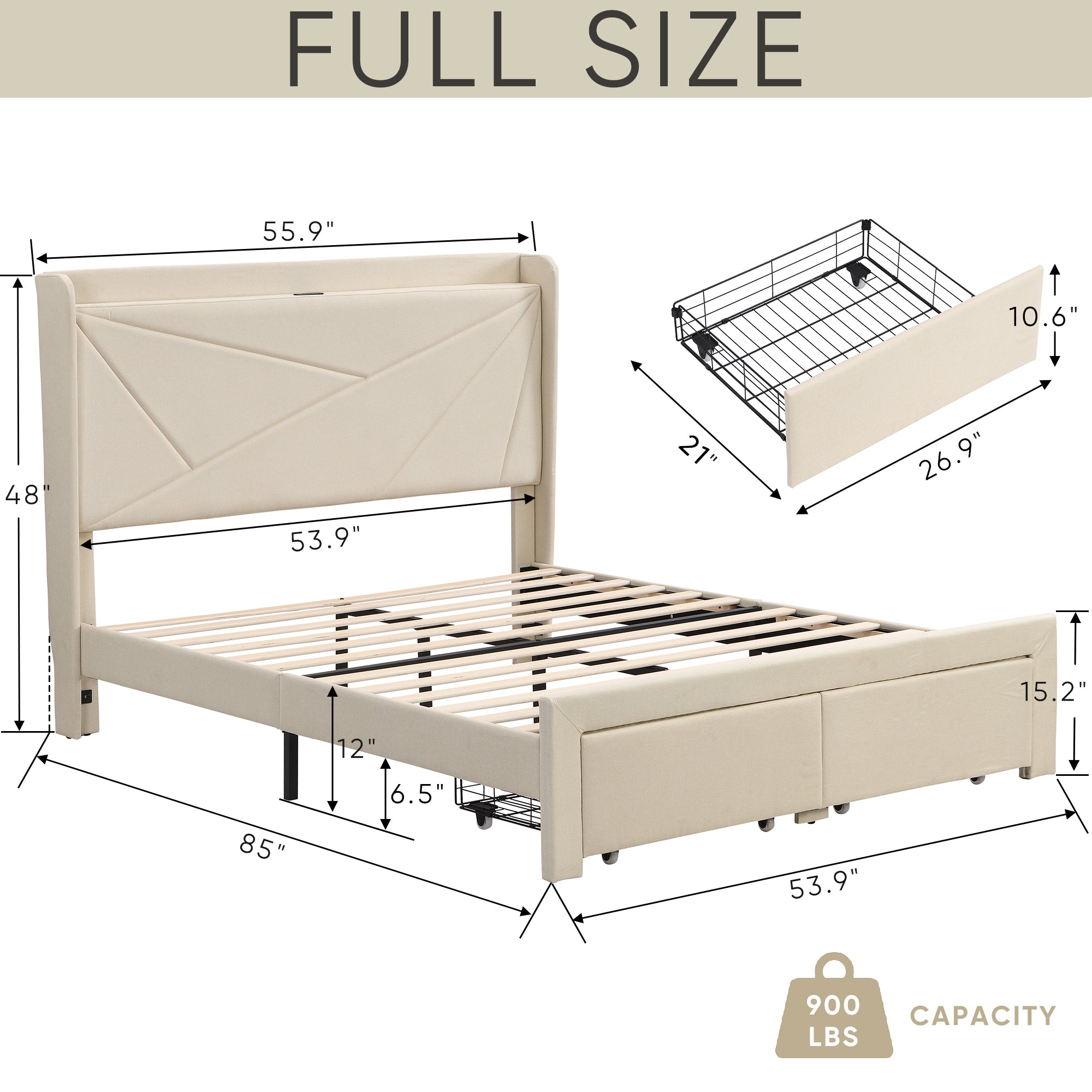 Full Upholstered Bed Frame with Storage Drawers & USB, Beige Full Upholstered Bed Frame with Storage Drawers & USB, Beige
