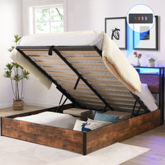 Full Lift-Up Storage Bed with LED Lights & Bookcase Headboard