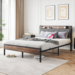 Queen Bed Frame with Storage Headboard & Charging Station, Brown/Gray