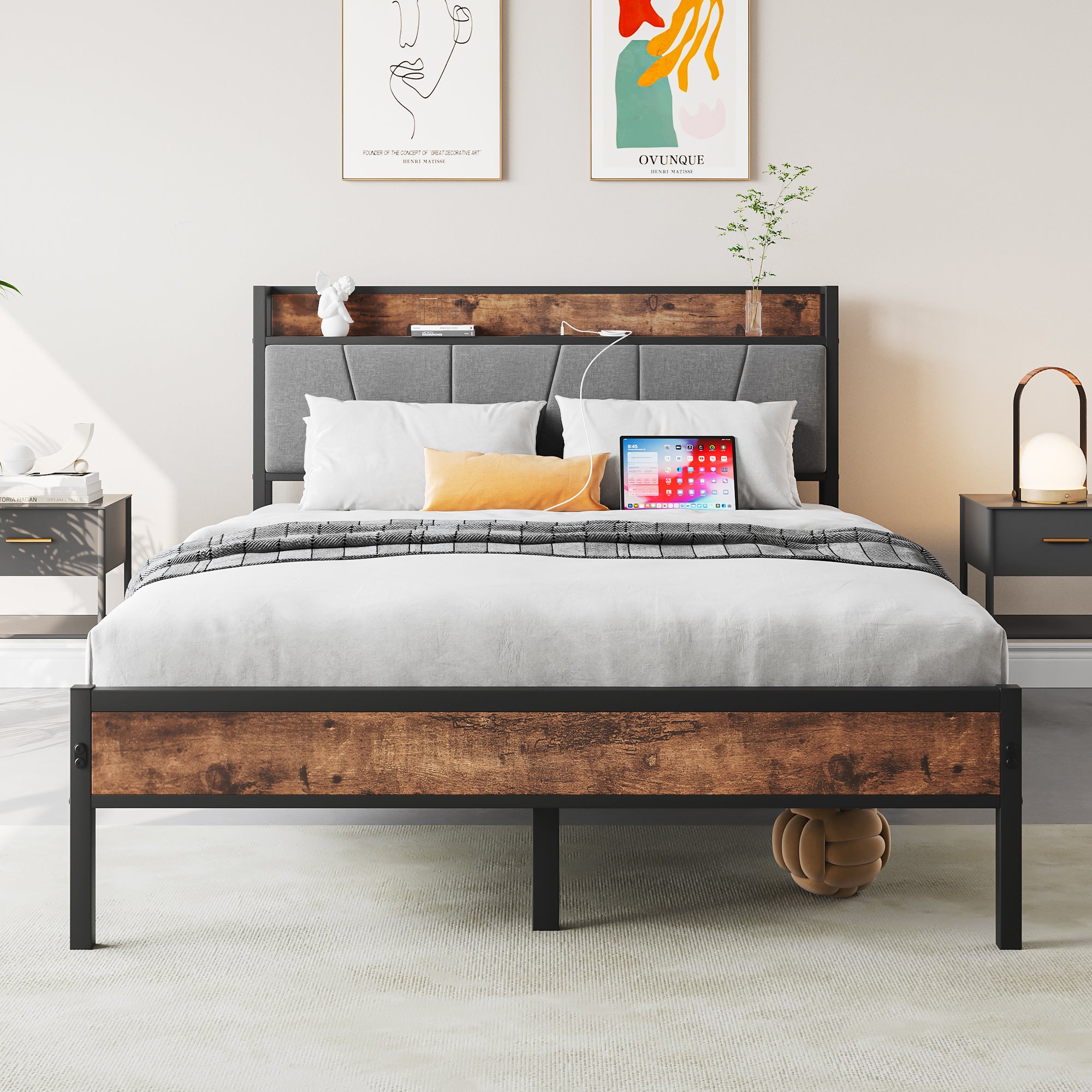 Full Bed Frame with Storage Headboard & Charging Station, Brown/Gray Full Bed Frame with Storage Headboard & Charging Station, Brown/Gray