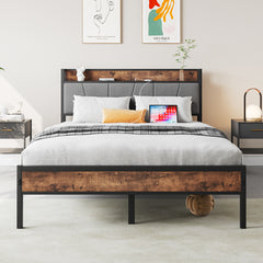 Full Bed Frame with Storage Headboard & Charging Station, Brown/Gray