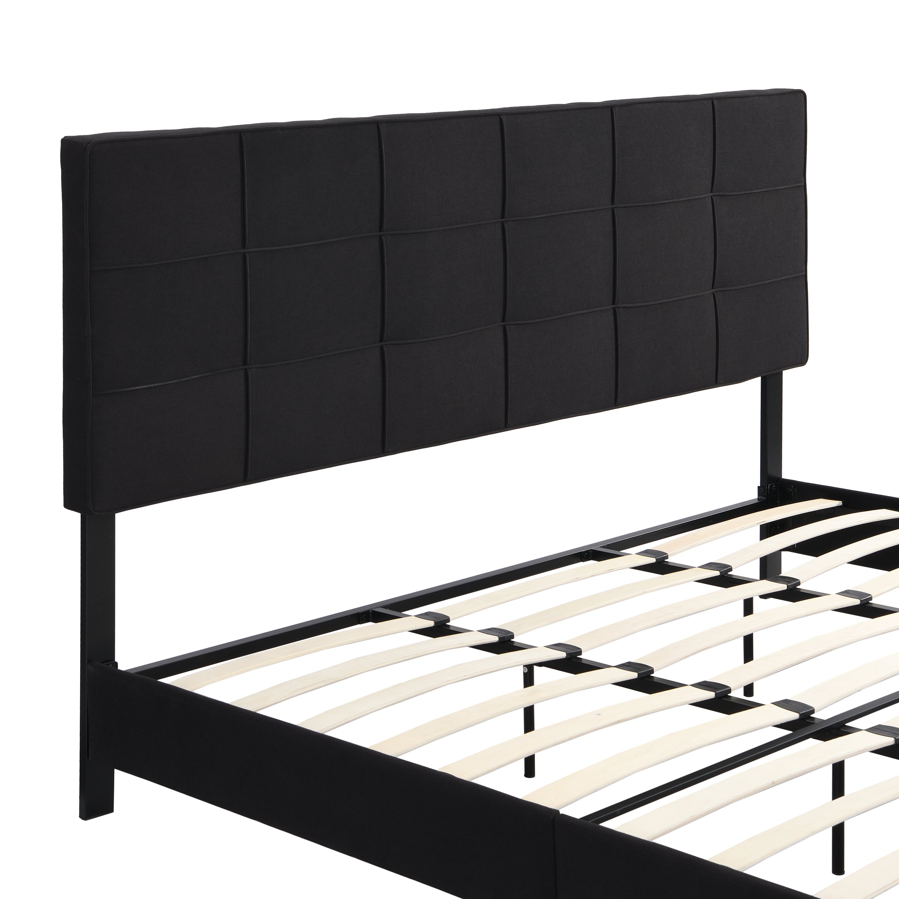 King Size Upholstered Platform Bed Frame with  Linen Fabric Headboard, No Box Spring Needed, Wood Slat Support, Easy Assembly, BLACK King Size Upholstered Platform Bed Frame with  Linen Fabric Headboard, No Box Spring Needed, Wood Slat Support, Easy Assembly, BLACK