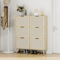 Rattan 6 Door Shoe Rack, Freestanding Modern Shoe Storage Cabinet, for Entryway