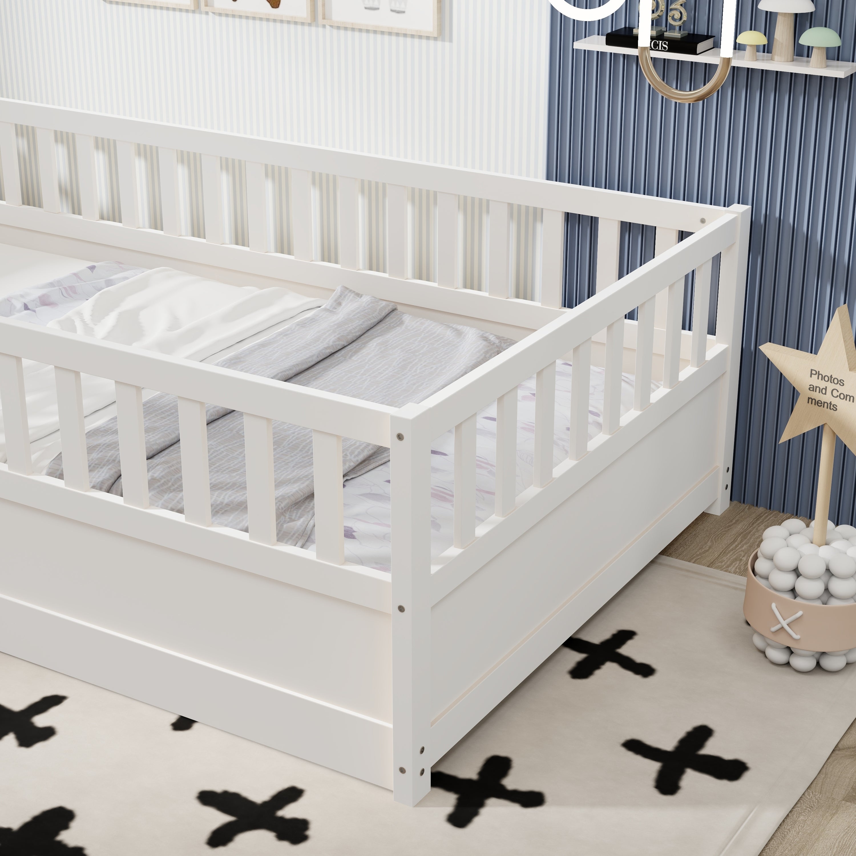 Twin Size Floor bed, integral construction with super high security barrier, door, children's floor bed frame, Montessori wooden children's floor bed, Support slat white Twin Size Floor bed, integral construction with super high security barrier, door, children's floor bed frame, Montessori wooden children's floor bed, Support slat white