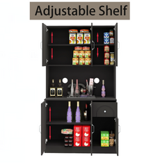 71" Kitchen Pantry Storage Cabinet with Microwave Oven Countertop, Freestanding Hutch Cabinet with Adjustable Shelves, 6 Doors and 1 Drawer-Black