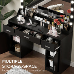 47.2"Vanity Desk with Large Mirror, 3 Colour Lighting Modes, Adjustable Brightness, Dresser with 3 Drawers & 2 Vertical Cabinets, Makeup Vanity Table for Women & Girls (Black)