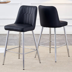 Modern Black PU Bar Stool - Set of 2 with Silver Metal Legs Decor