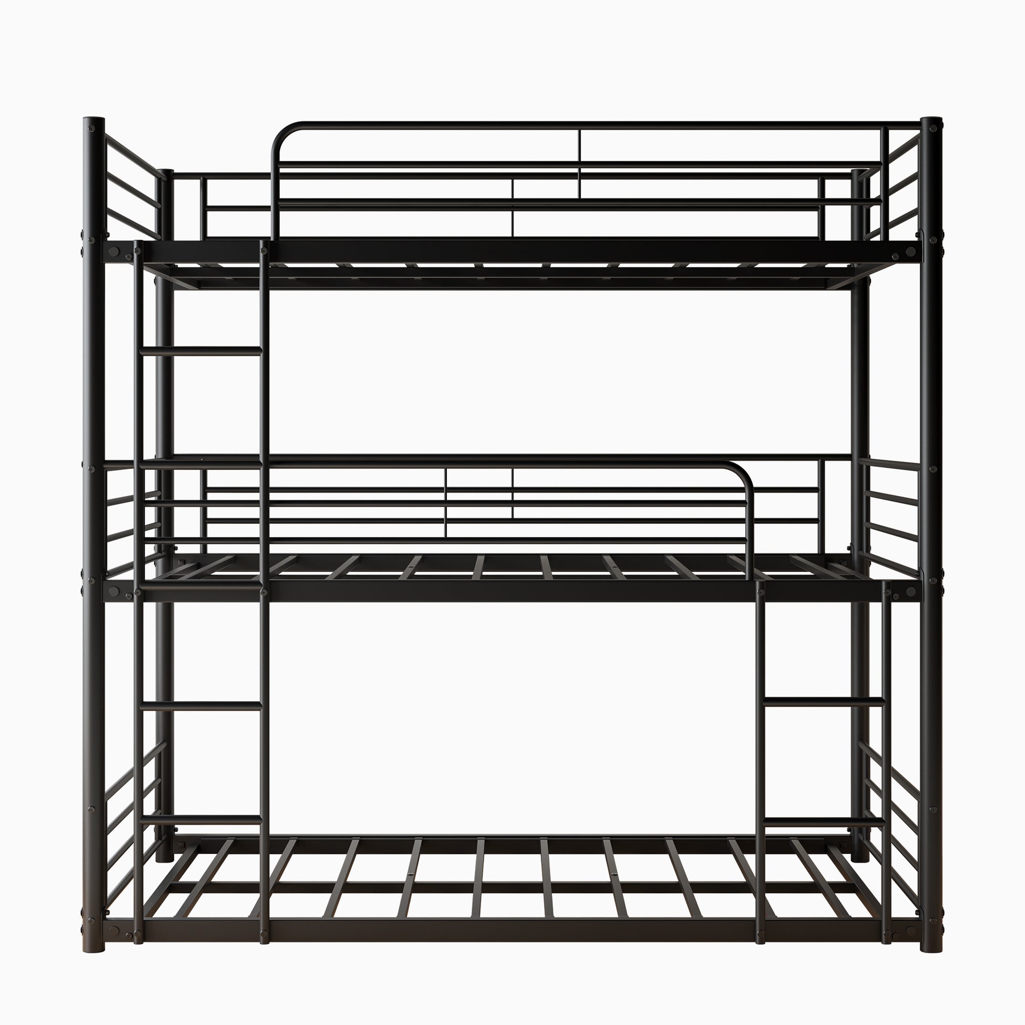 Triple Twin Bunk Bed Frame, Metal with Guardrail, Black Triple Twin Bunk Bed Frame, Metal with Guardrail, Black