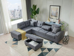 Sectional 3-Seaters Sofa , reversible recliner, storage mat and cup holder, Non-slip leg, two grey pillows, linen, grey