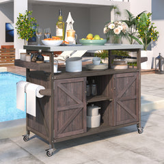 K&K Outdoor Kitchen Island - Rolling Bar Cart & Solid Wood Grill Table with Stainless Steel Top, Dark Brown