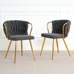 Dark Grey Linen Dining Chair with Gold-Plated Metal Legs (Set of 2) – Modern & Elegant