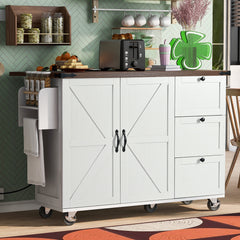 K&K 54.5" Kitchen Island with Storage - Farmhouse Design with Drop Leaf, Internal Rack and Spice Rack in White