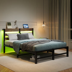 Full Metal Bed Frame with Wood Headboard, RGB Lights & USB