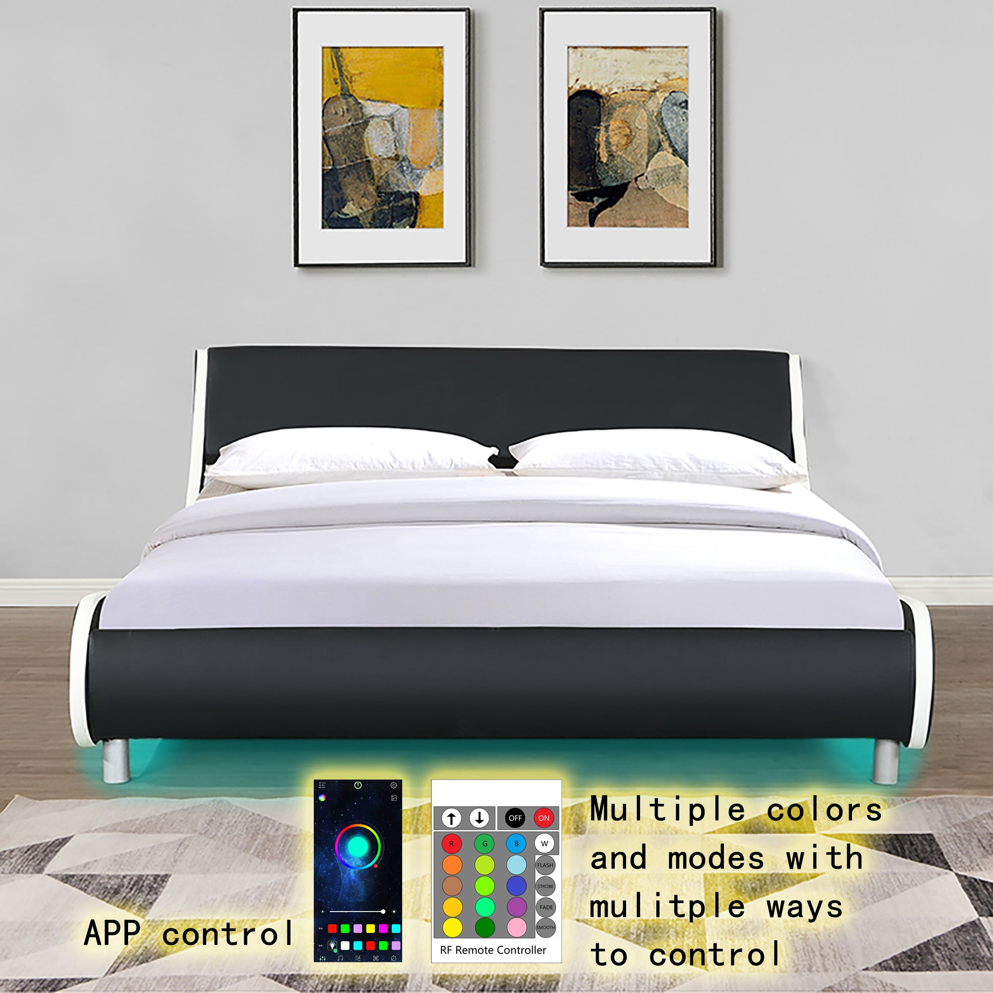 Faux Leather Upholstered Platform Bed Frame,LED lighting with remote controller and APP,Curve Design,Wood Slat Support,No Box Spring Needed,Easy Assemble,Queen Size,Black and White Faux Leather Upholstered Platform Bed Frame,LED lighting with remote controller and APP,Curve Design,Wood Slat Support,No Box Spring Needed,Easy Assemble,Queen Size,Black and White