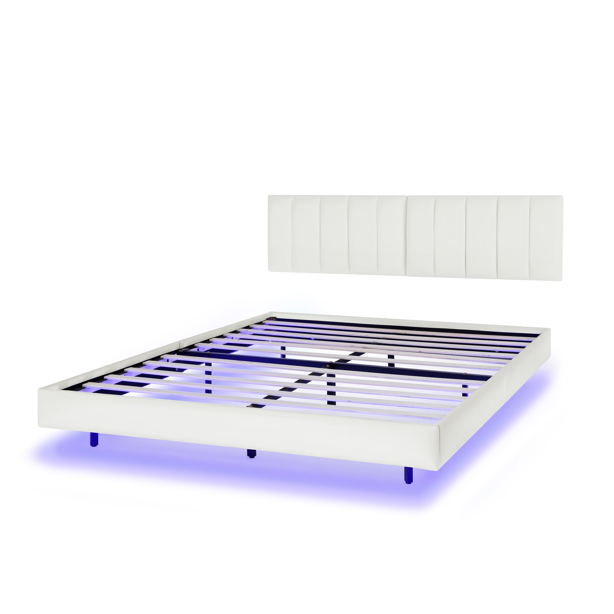 Queen Floating Bed Frame with LED Lights and Wall Mounted Headboard Modern Low Profile Led Platform Bed Frame Queen Size Faux Leather Upholstered Platform Bed Frame,No Box Spring Needed,White Queen Floating Bed Frame with LED Lights and Wall Mounted Headboard Modern Low Profile Led Platform Bed Frame Queen Size Faux Leather Upholstered Platform Bed Frame,No Box Spring Needed,White