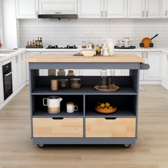 Rolling Kitchen Island with Wood Top, Wine & Spice Rack, Grey Blue