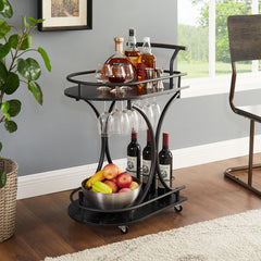 2-Tier Rolling Bar Cart with Wine Rack & Glass Holder, Black