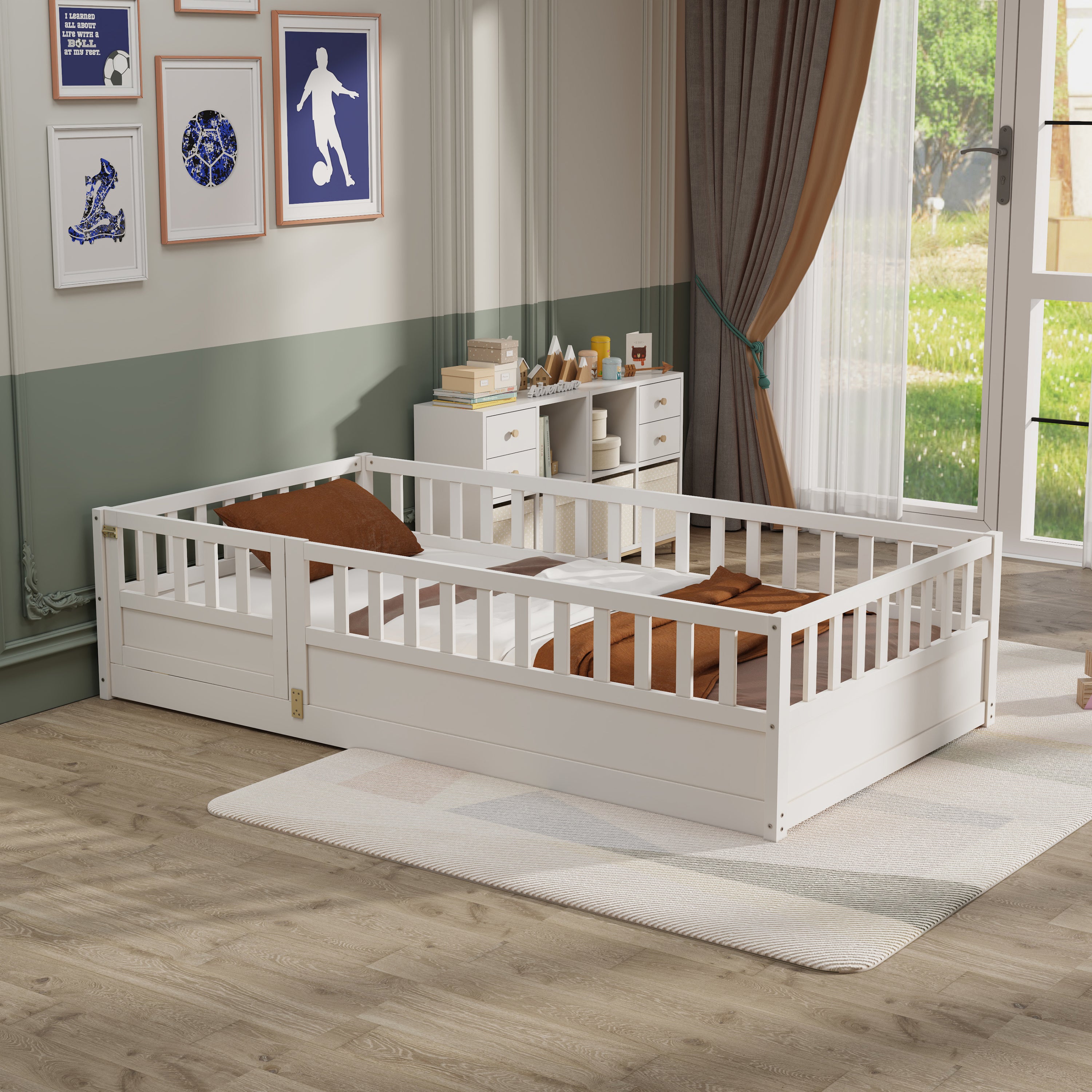 Twin Size Floor bed, integral construction with super high security barrier, door, children's floor bed frame, Montessori wooden children's floor bed, white Twin Size Floor bed, integral construction with super high security barrier, door, children's floor bed frame, Montessori wooden children's floor bed, white