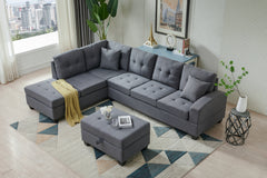 Sectional 3-Seaters Sofa , reversible recliner, storage mat and cup holder, Non-slip leg, two grey pillows, linen, grey