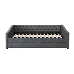 Full Size Daybed with Twin Size Trundle Upholstered Tufted Sofa Bed, with Button on Back and Copper Nail on Waved Shape Arms-Dark Grey