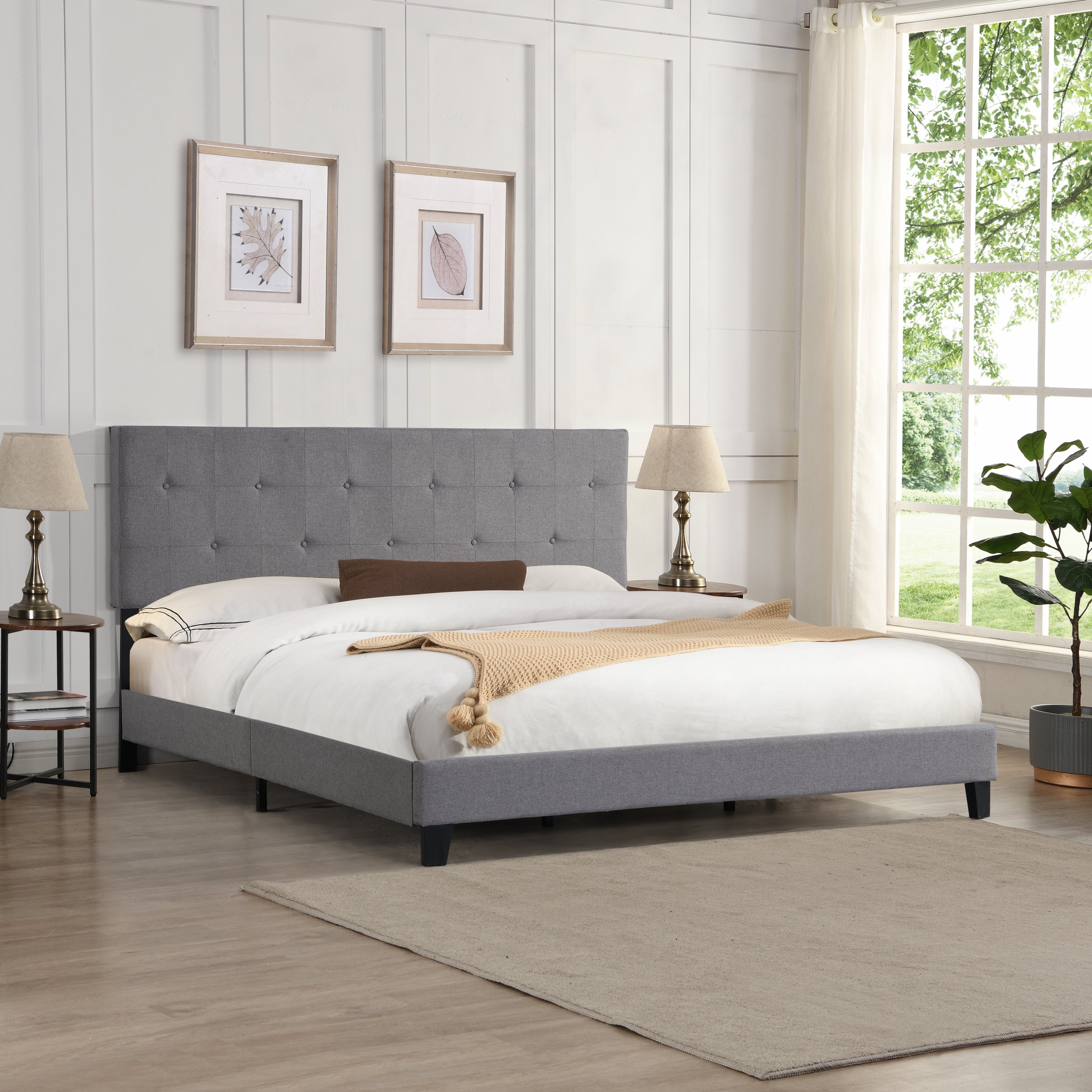 King Size Upholstered Platform Bed Frame with Button Tufted Linen Fabric Headboard, No Box Spring Needed, Wood Slat Support, Easy Assembly,  Gray King Size Upholstered Platform Bed Frame with Button Tufted Linen Fabric Headboard, No Box Spring Needed, Wood Slat Support, Easy Assembly,  Gray