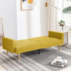 Convertible Futon Sofa Bed with Wood Legs, Yellow Fabric