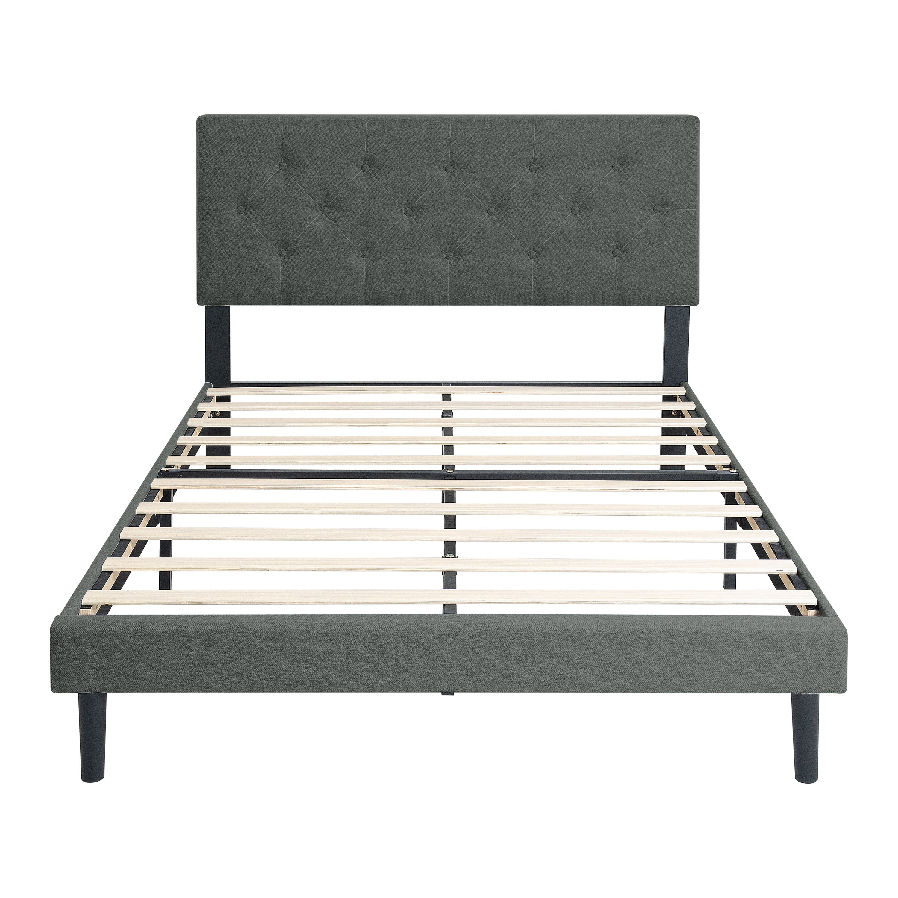 Twin Size Upholstered Platform Bed Frame with Modern Button Tufted Linen Fabric Headboard, No Box Spring Needed, Wood Slat Support, Easy Assembly, Drak Grey Twin Size Upholstered Platform Bed Frame with Modern Button Tufted Linen Fabric Headboard, No Box Spring Needed, Wood Slat Support, Easy Assembly, Drak Grey