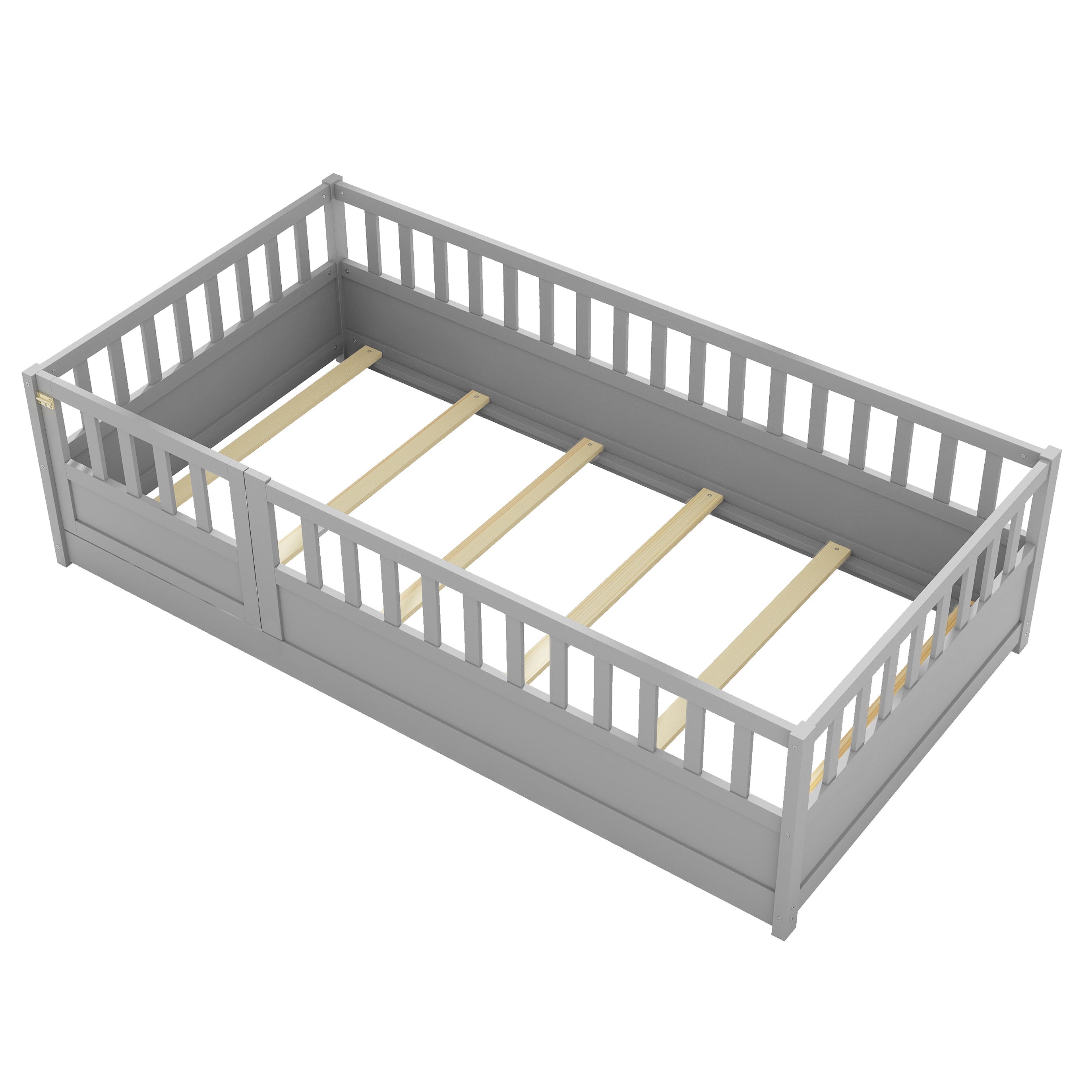 Twin Size Floor bed, integral construction with super high security barrier, door, children's floor bed frame, Montessori wooden children's floor bed, Support slat Grey Twin Size Floor bed, integral construction with super high security barrier, door, children's floor bed frame, Montessori wooden children's floor bed, Support slat Grey