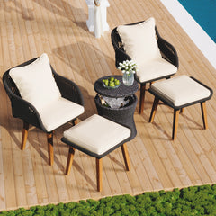 K&K 5-Piece Garden Patio Furniture Chair Set with Wicker Cool Bar Table and Ottomans for Porch, Backyard, Balcony, Poolside Black & Beige