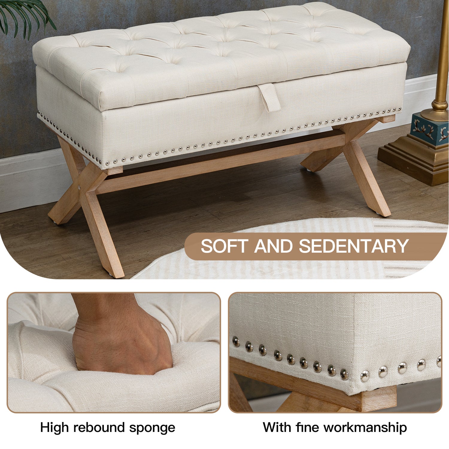 35 Inch Storage Ottoman, Button-Tufted Ottoman Linen Storage Bench, Ottoman with Storage 35 Inch Storage Ottoman, Button-Tufted Ottoman Linen Storage Bench, Ottoman with Storage