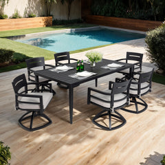 7-Piece Patio Dining Set in Aluminum with 6 Swivel Rockers and Rectangle Table, Ember Black