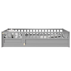 Twin Size Floor bed, integral construction with super high security barrier, door, children's floor bed frame, Montessori wooden children's floor bed,  Grey