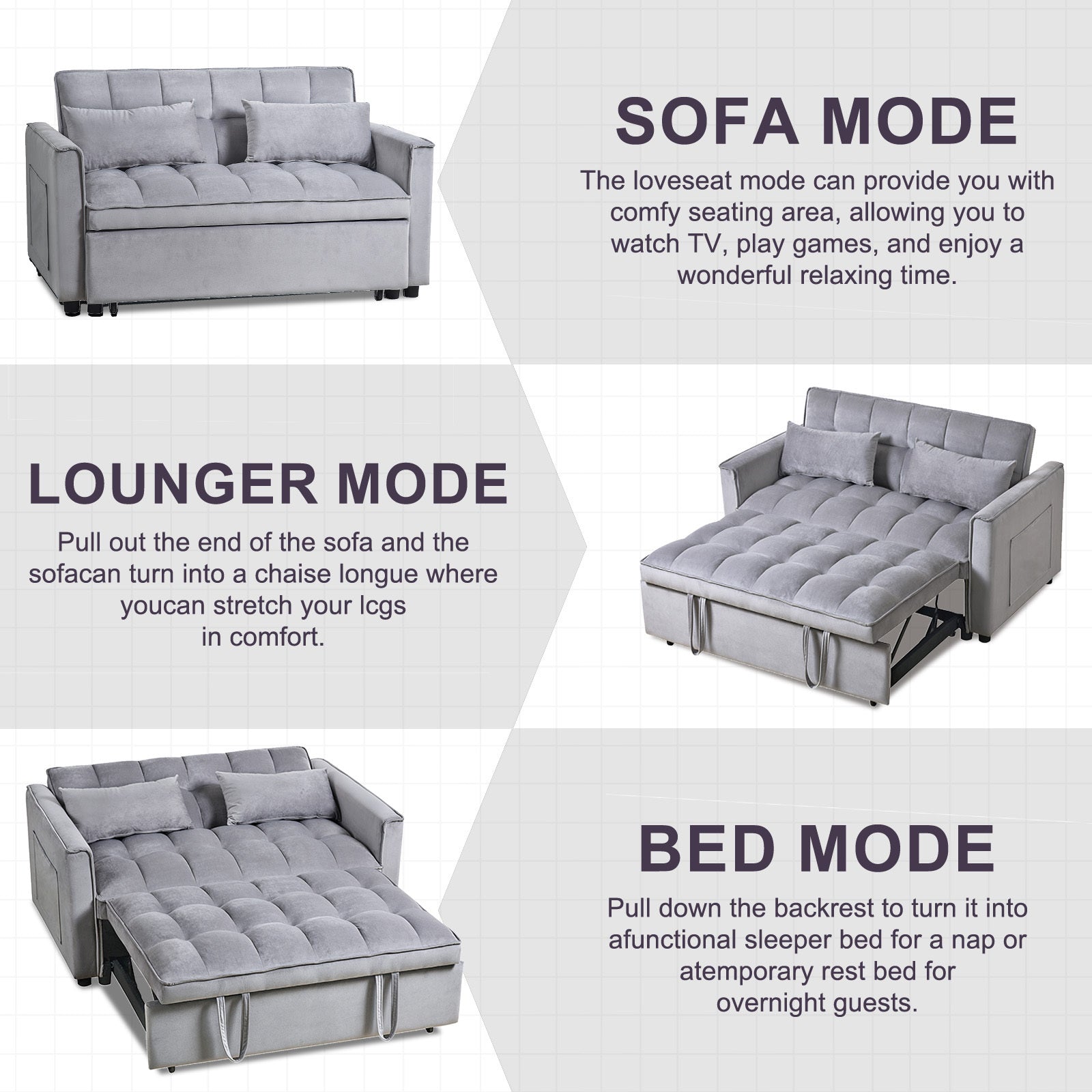 3-in-1 Sleeper Sofa Bed, Velvet Loveseat Futon – Gray 3-in-1 Sleeper Sofa Bed, Velvet Loveseat Futon – Gray