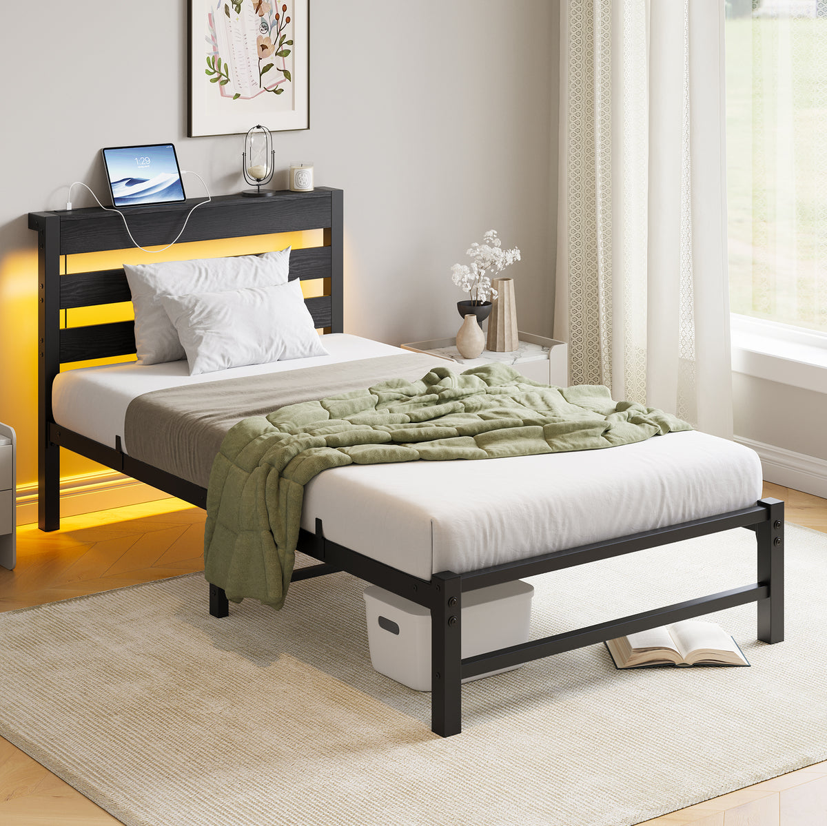 Twin Platform Bed Frame with USB, LED & Headboard, Black